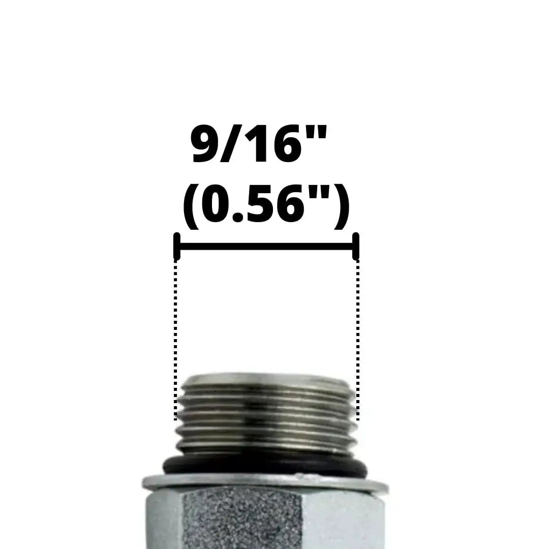 Close-up of One Quarter Inch JIC Male and Six SAE ORB Male Corner Elbow Hydraulic Adapter with 0.56 inch diameter measurement.