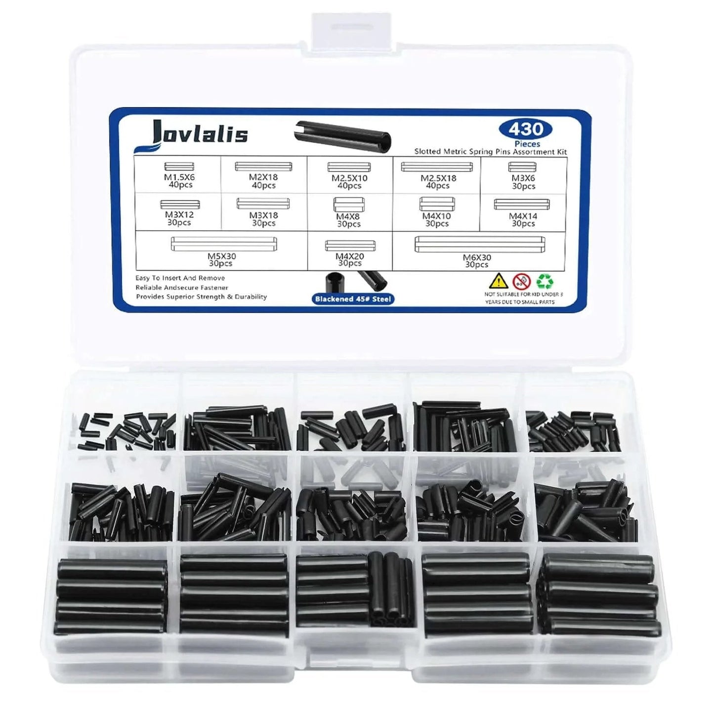 430 Pcs Roll Pin Set with assorted sizes M1.5 to M6 in a labeled plastic case, for home improvement and automotive repair.