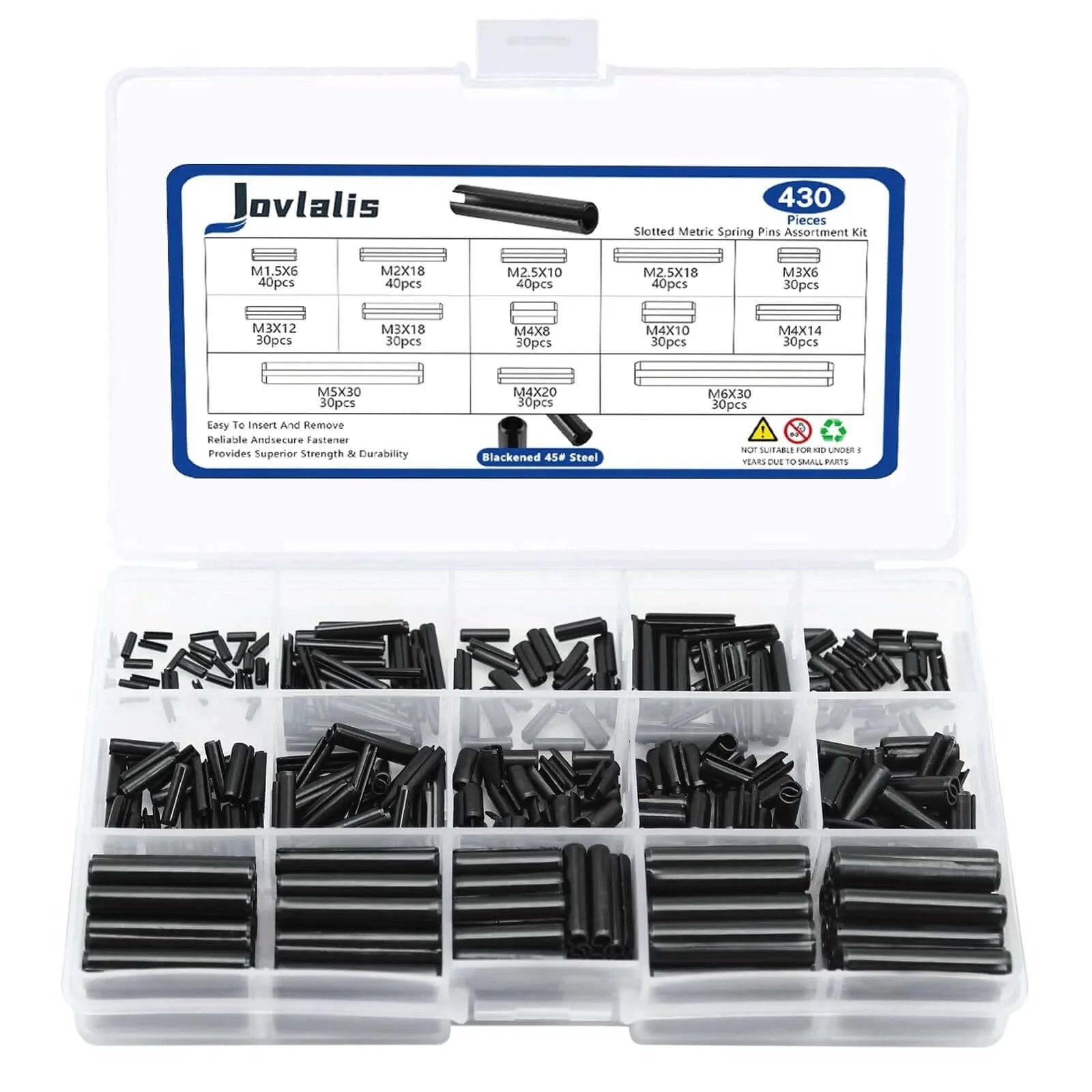 430 Pcs Roll Pin Set with assorted sizes M1.5 to M6 in a labeled plastic case, for home improvement and automotive repair.