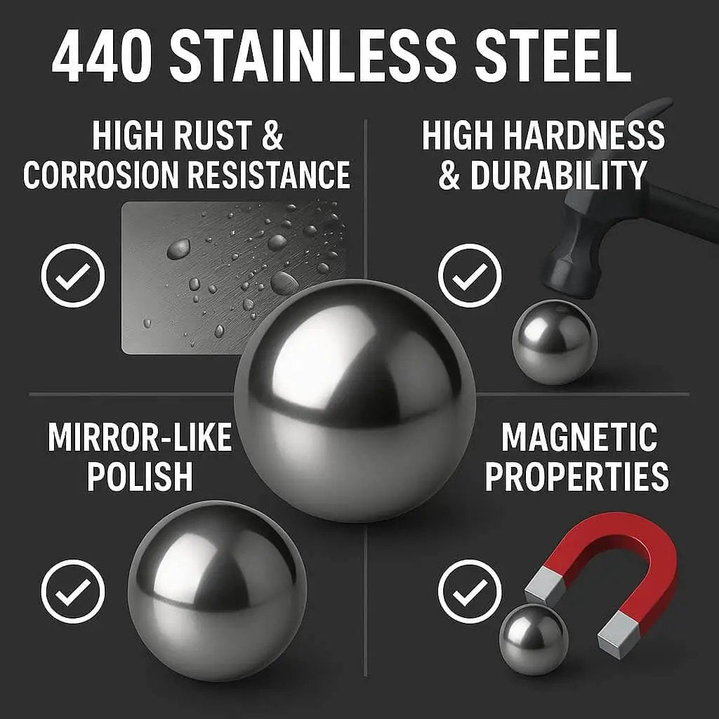 Two Pack One And One Quarter Inch Diameter 440 Stainless Steel Bearing Balls G25 Precision Grade For Industrial Machinery Mechanical Projects And Hobby Use Tough Workhorse displayed with features like rust resistance, hardness, polish, and magnetic properties.