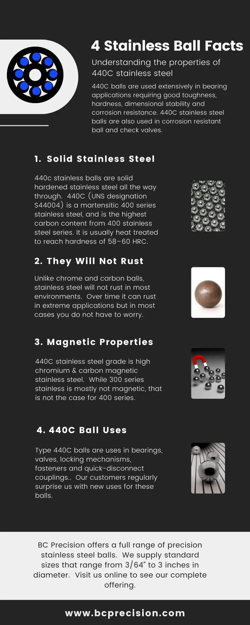 Infographic on 440C stainless steel balls features and uses, including solid steel properties and resistance to rust.