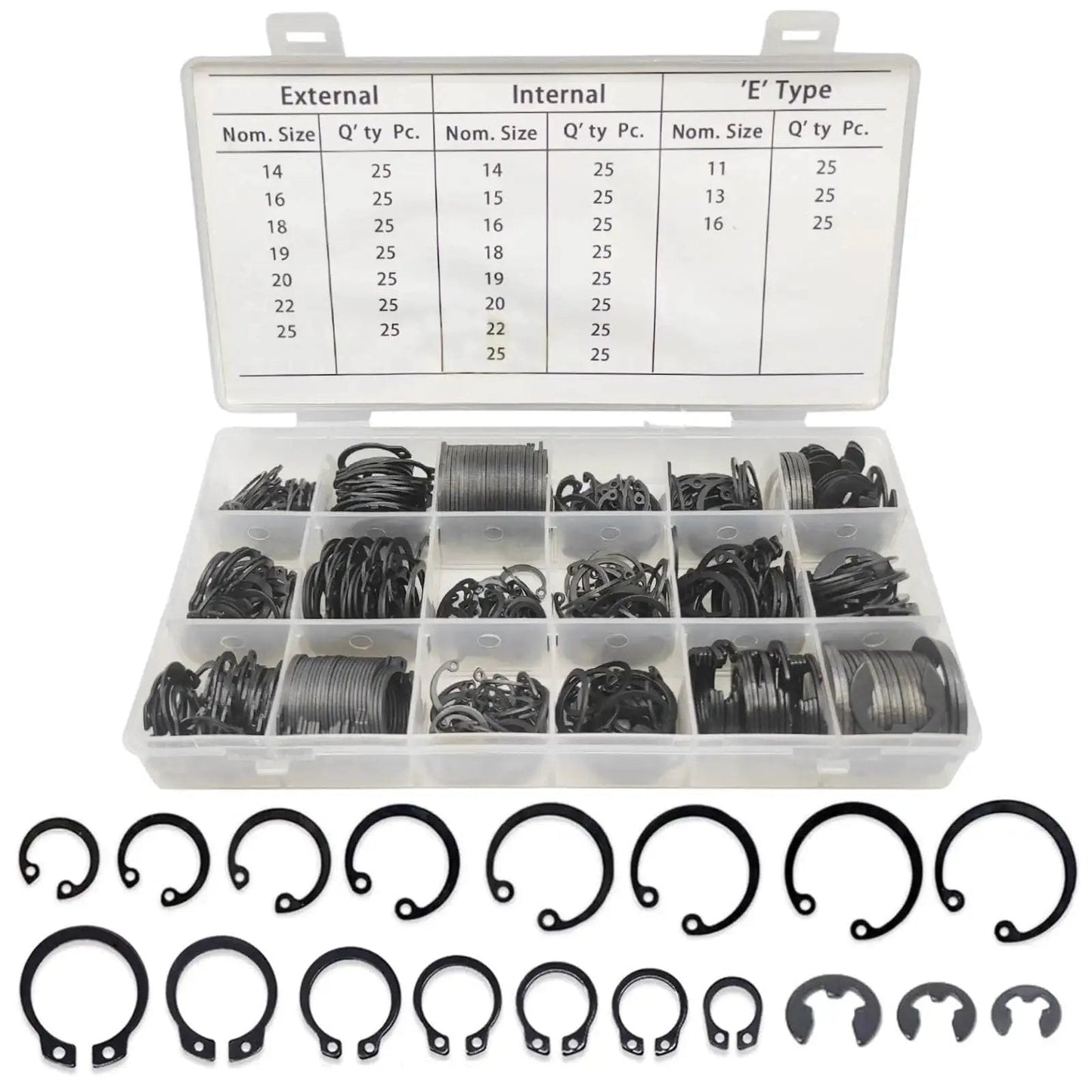 Versatile 450Pcs Circlip Retaining Ring Kit with external and internal snap rings, 3 types and 18 sizes in durable black alloy steel