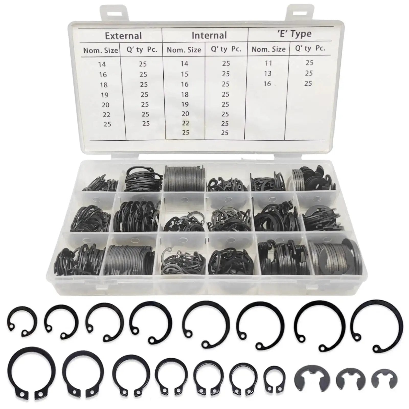 Versatile 450Pcs Circlip Retaining Ring Kit with external and internal snap rings, 3 types and 18 sizes in durable black alloy steel