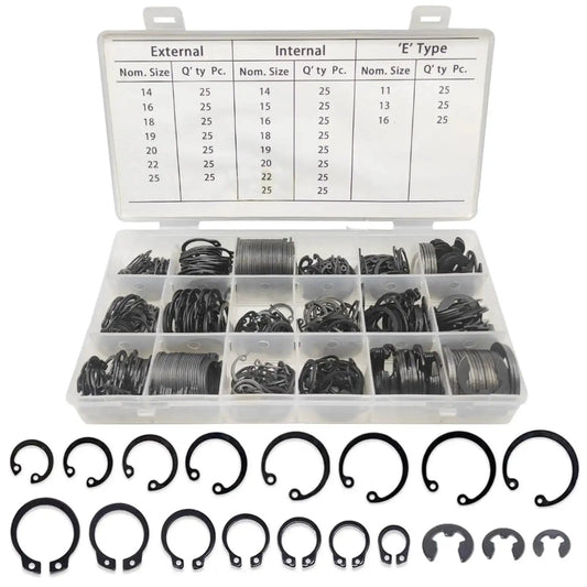 Versatile 450Pcs Circlip Retaining Ring Kit with external and internal snap rings, 3 types and 18 sizes in durable black alloy steel