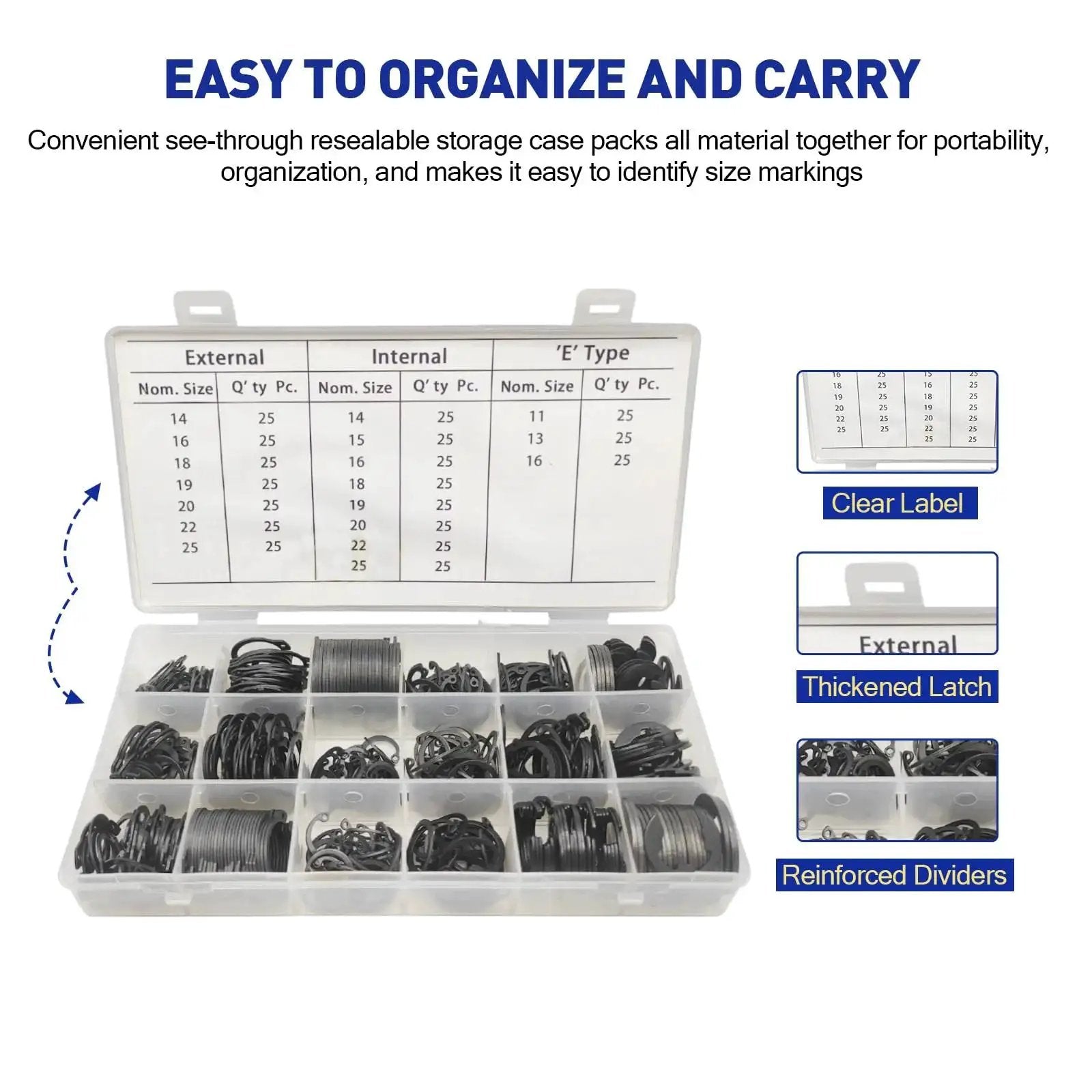 Versatile 450Pcs Circlip Retaining Ring Kit With External And Internal Snap Rings in box, labeled compartments for 18 sizes, Boatsea.