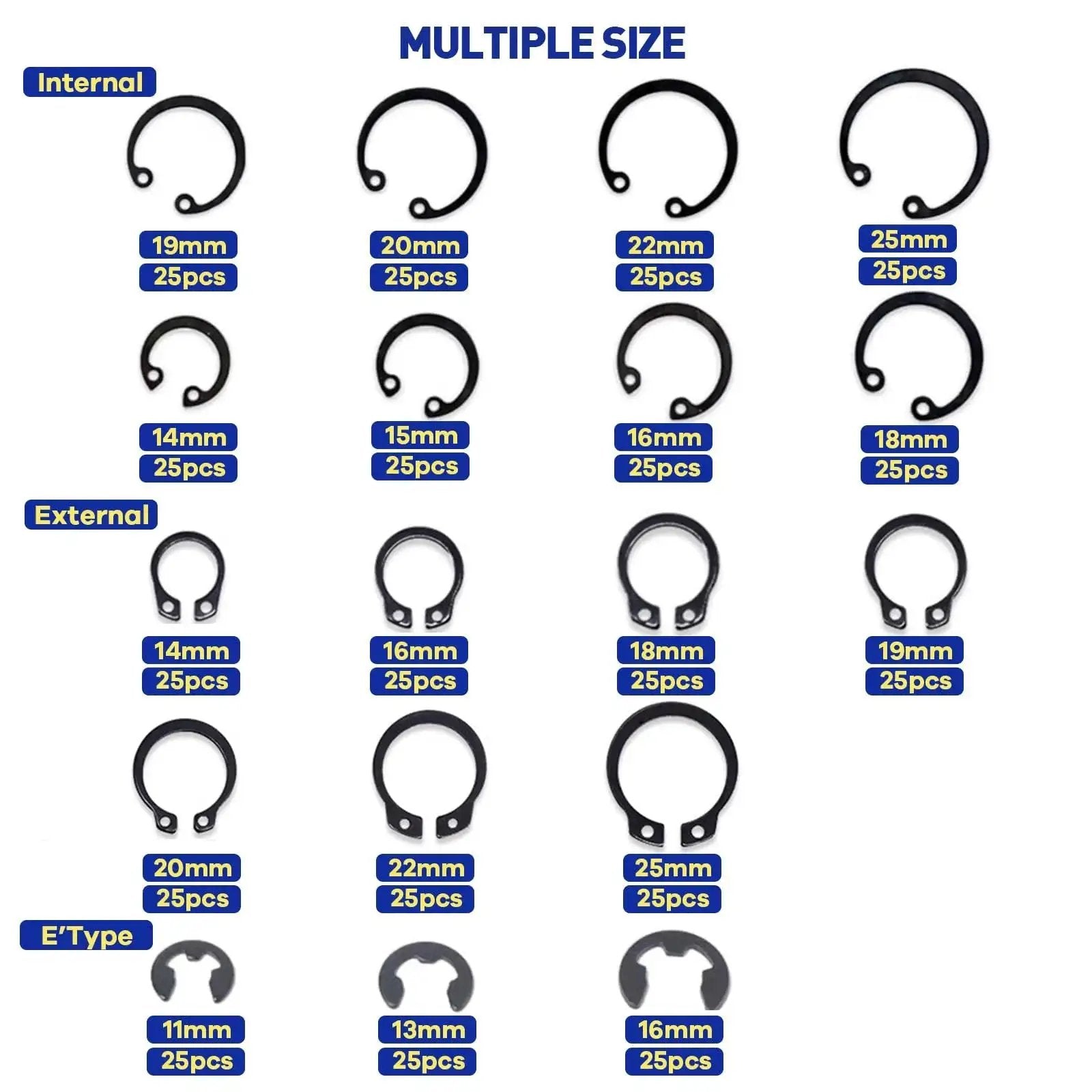 Versatile 450Pcs Circlip Retaining Ring Kit With External and Internal Snap Rings, 3 Types, 18 Sizes, Black Alloy Steel, Multiple Sizes