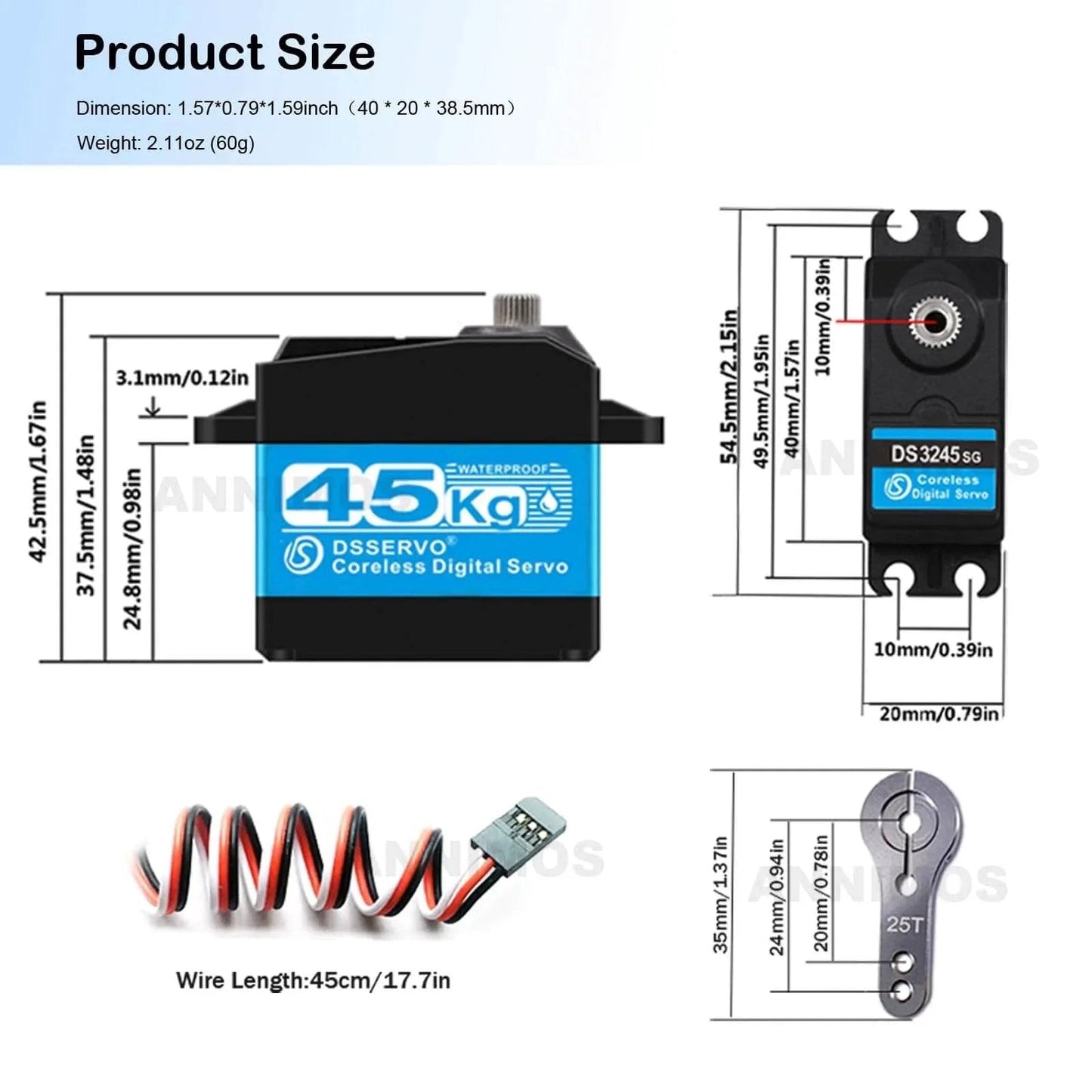 45KG High Torque Servo 8.4V Coreless RC Steering Servo Motors Stainless Steel Gear dimensions and parts