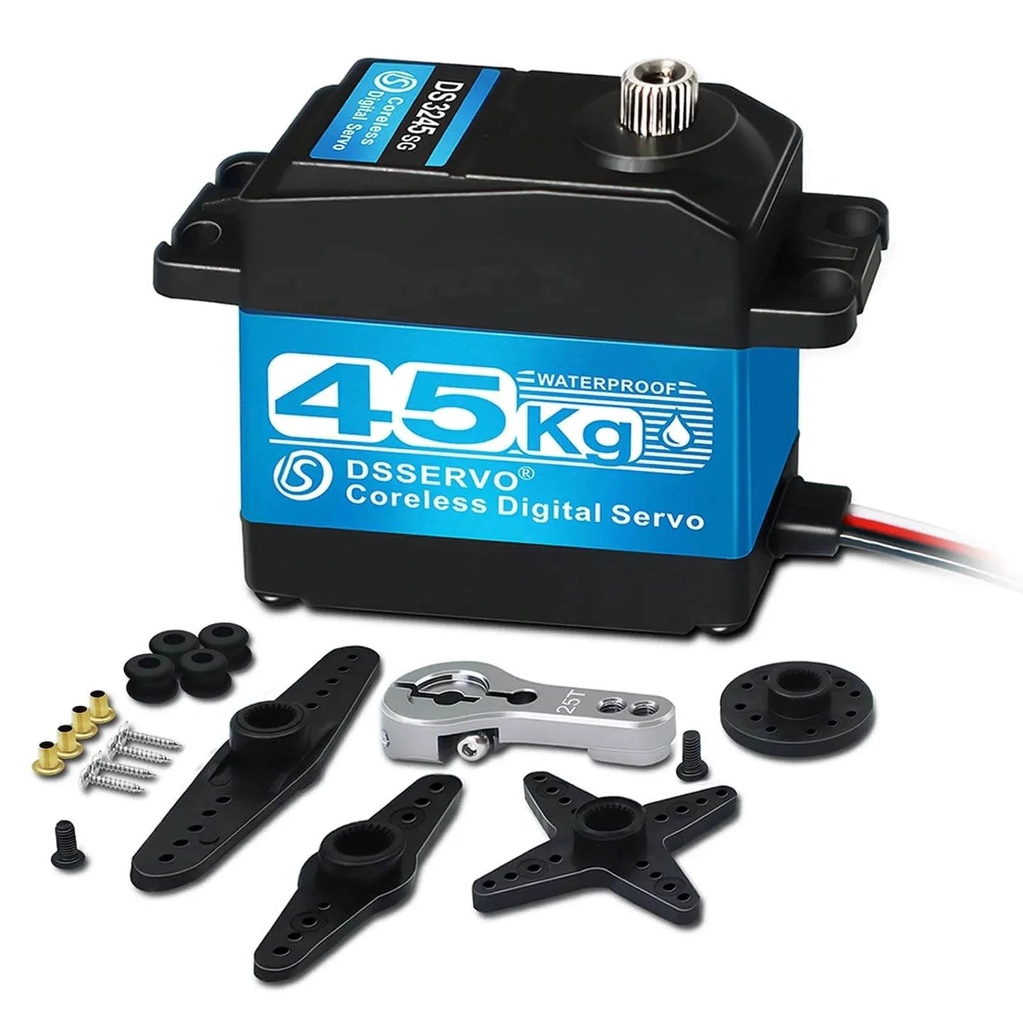 45KG High Torque Servo 8.4V Coreless RC Steering Servo Motors shown with stainless steel gear attachments.