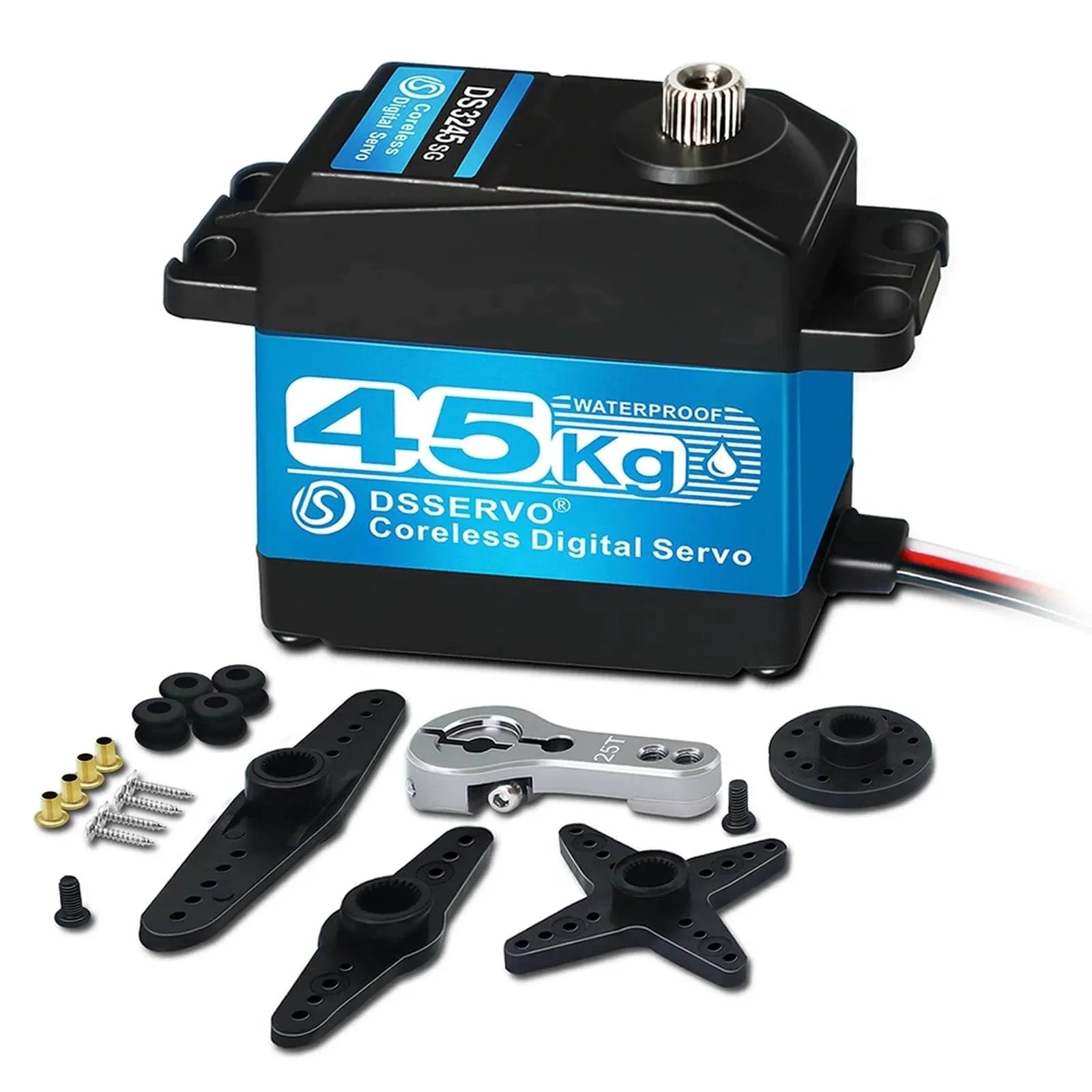 45KG High Torque Servo 8.4V Coreless RC Steering Servo Motors shown with stainless steel gear attachments.