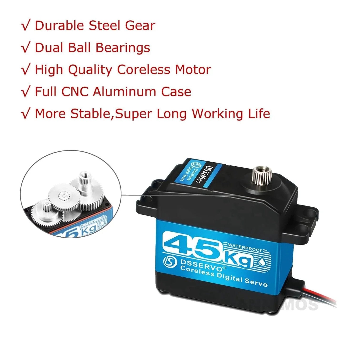 Image of 45KG High Torque Servo 8.4V Coreless RC Steering Servo Motors Stainless Steel Gear Low Profile Waterproof for 1/8 1/10 1/12 Scale Cars DIY Robotic - 270 Degree showing durable steel gear and CNC aluminum case.
