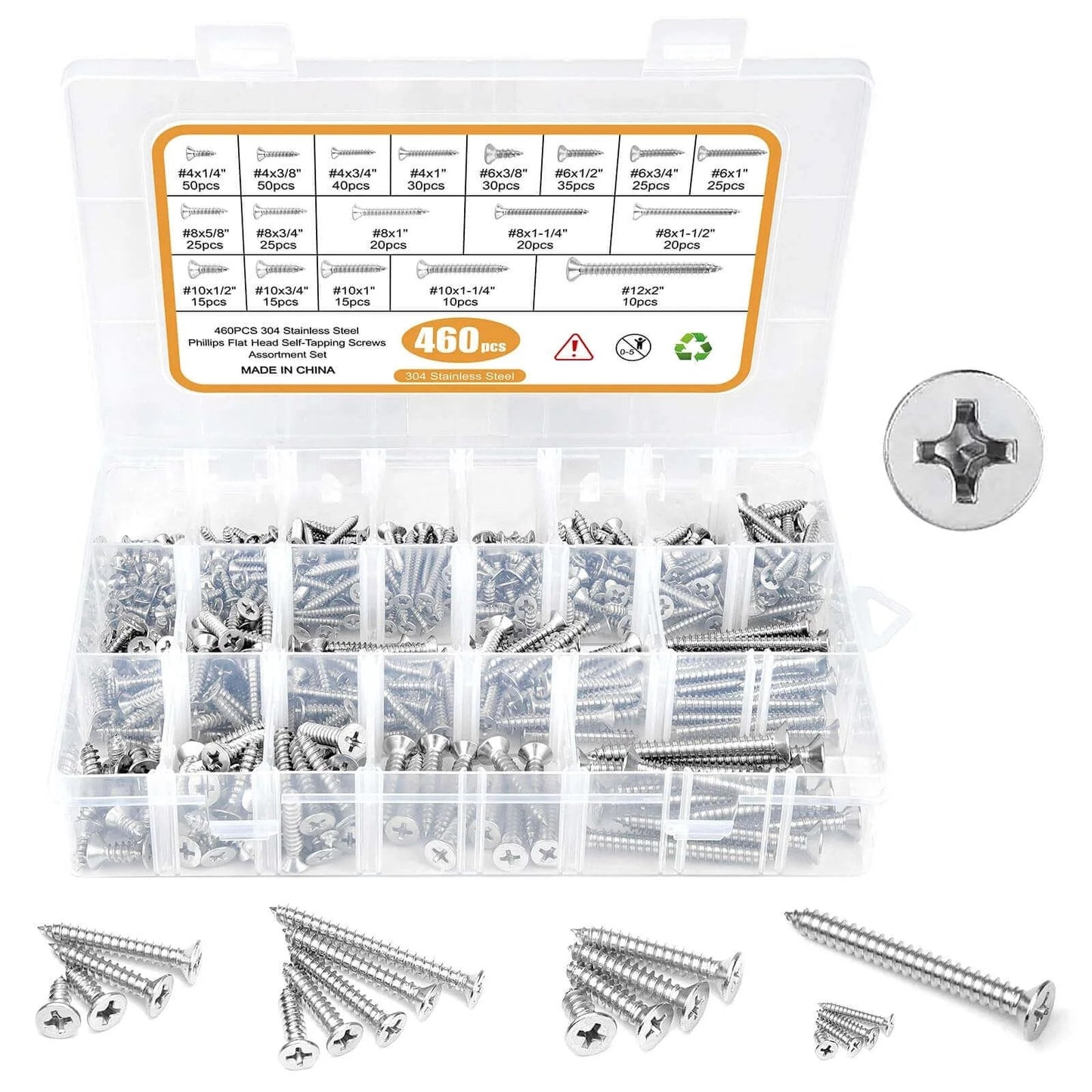 460 Pcs Stainless Steel Wood Screws Assortment Kit with 18 Sizes #4 #6 #8 #10 #12 Flat Head Self Tapping Sheet Metal Screws Ranging from 1/4 to 2 Inches for Wood Deck Drywall and Concrete Projects