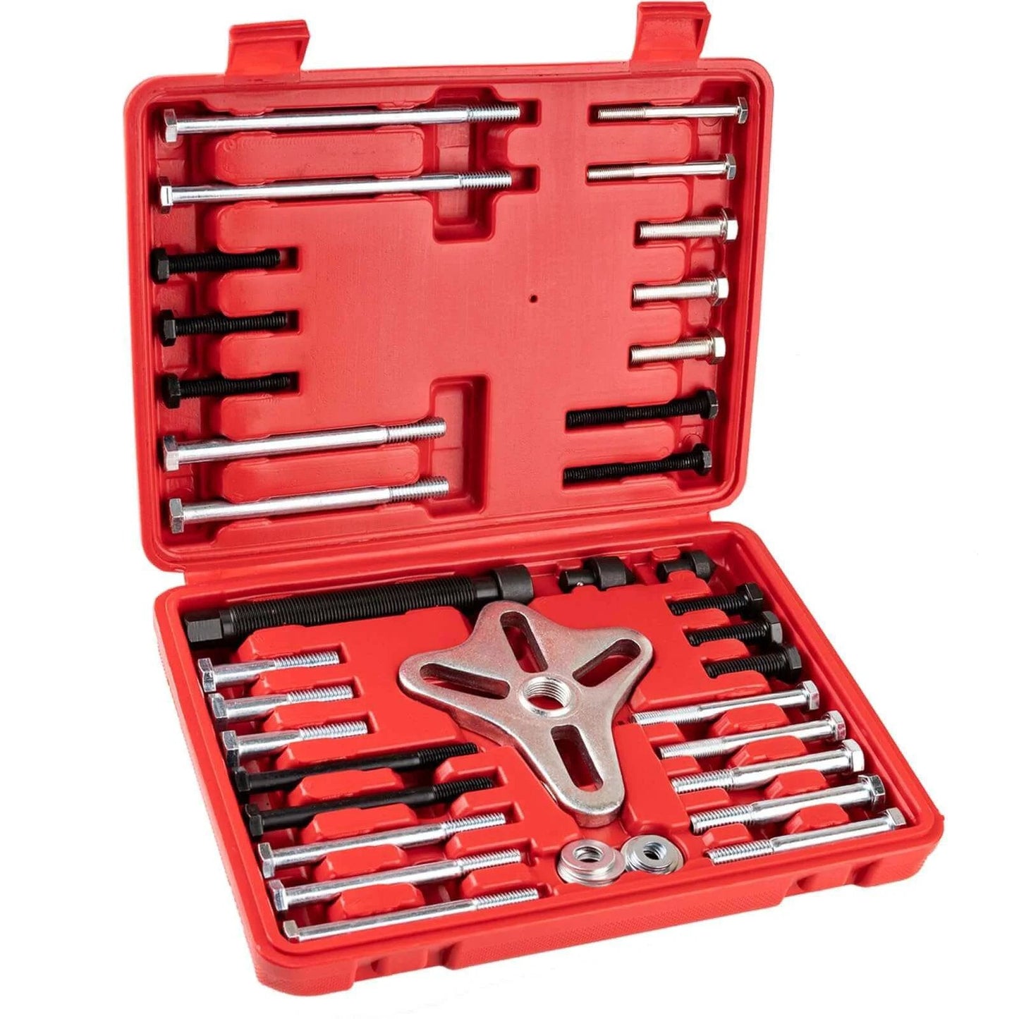 Open red case of 46PCS Harmonic Balancer Puller Set, Automotive Power Steering Wheel Pulley Puller Installer Tool Kit