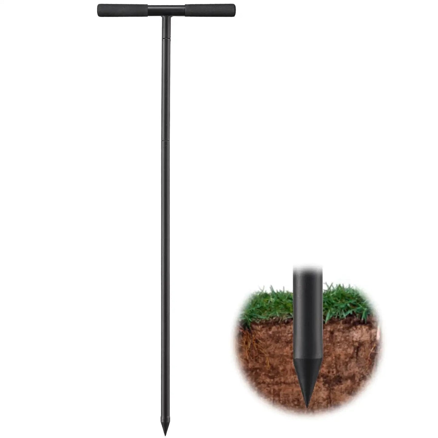 Hardcore 48 Inch Adjustable Soil Probe with T Handle all steel ground rod shown piercing soil, used for plumbing and landscaping.