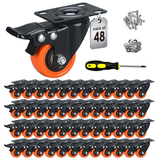 2 inch heavy duty caster wheels with brakes, quiet swivel plate PU casters with orange wheels in a 48 pack