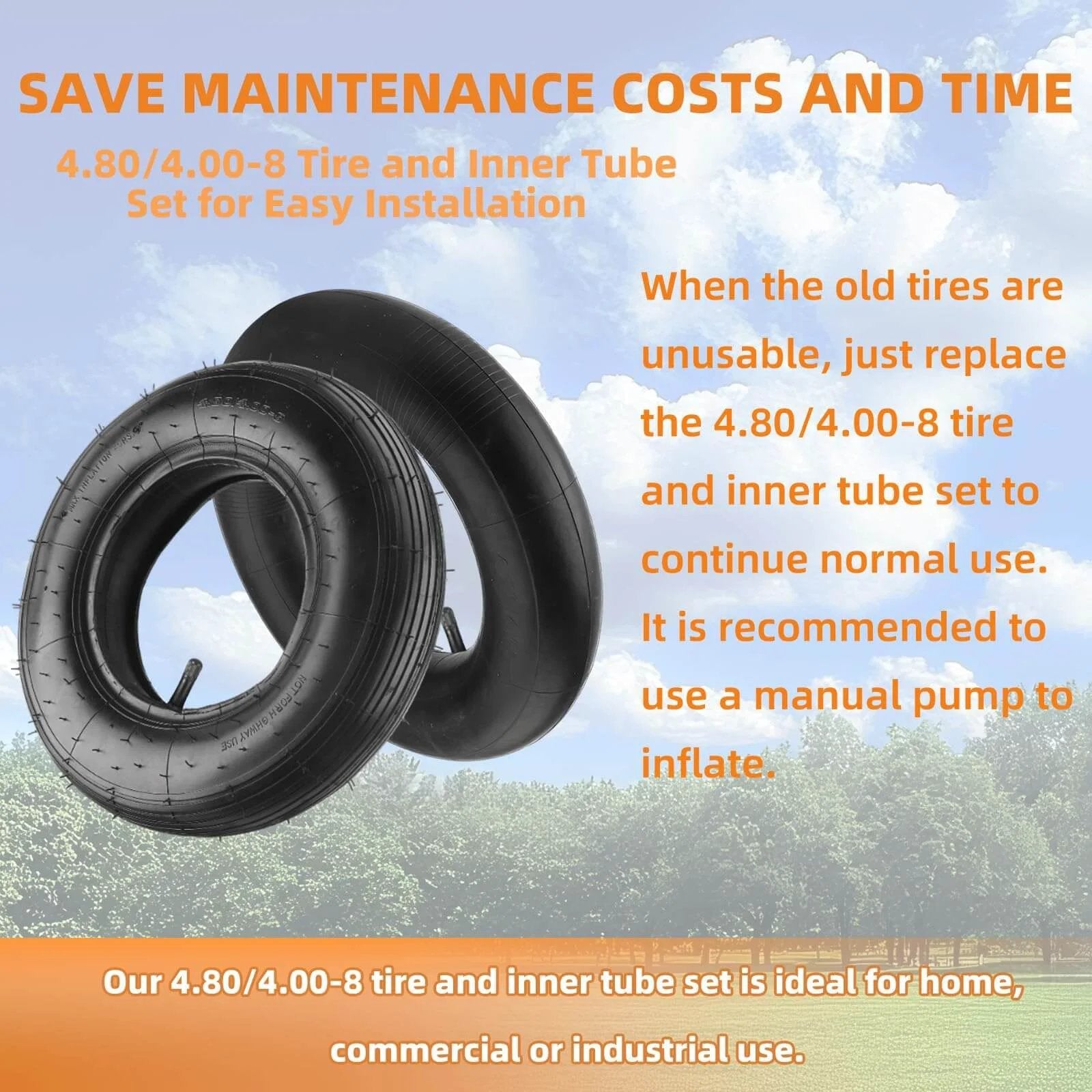 4.80/4.00-8 tire and inner tube set displayed against sky backdrop with text about ease of installation and maintenance