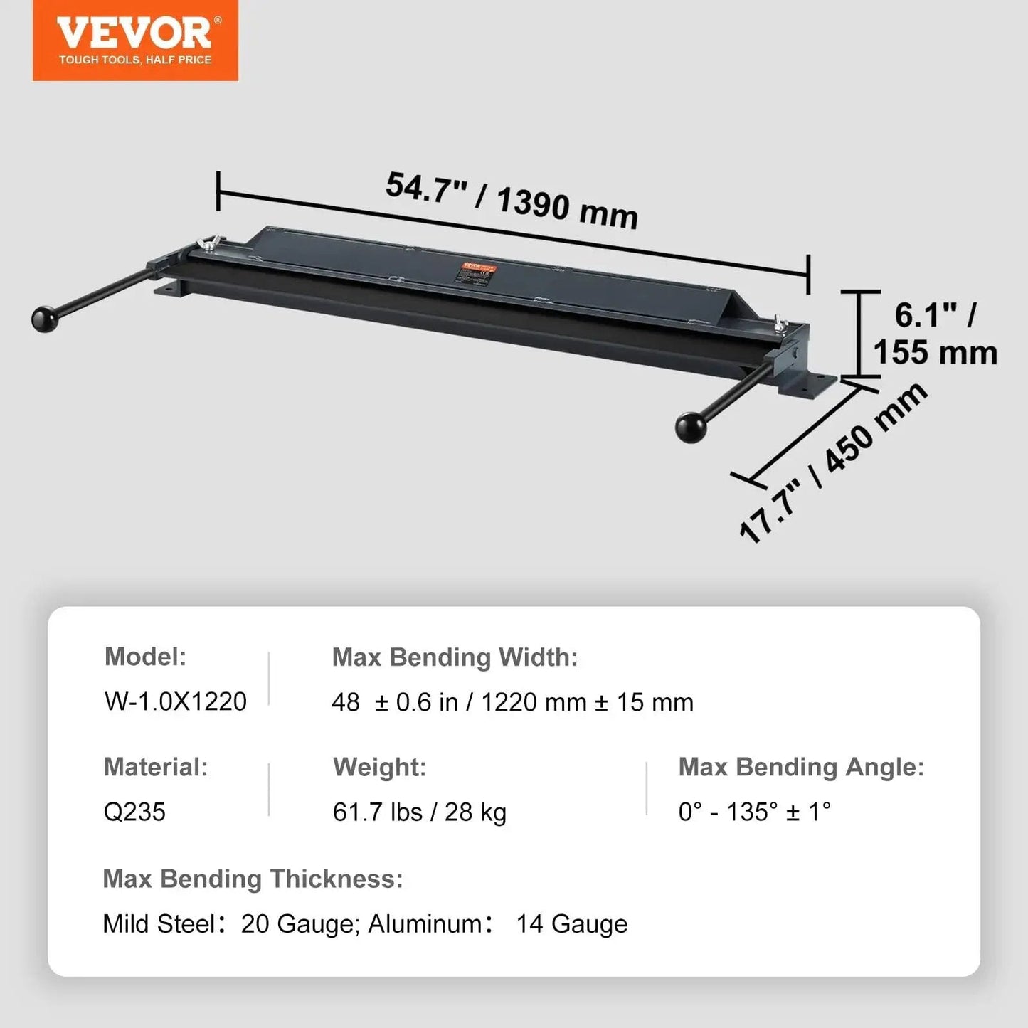 Box and Pan Brake 48 Inch Sheet Metal Bender with 0.31 Inch Blade and Reinforced Rib Design dimensions and specifications