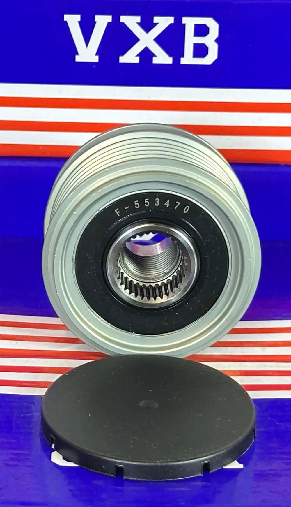 F‑553470 / 535001210 Alternator Freewheel Pulley 6 Rib 61 mm OD front view showing 6 grooves and integrated overrunning clutch.