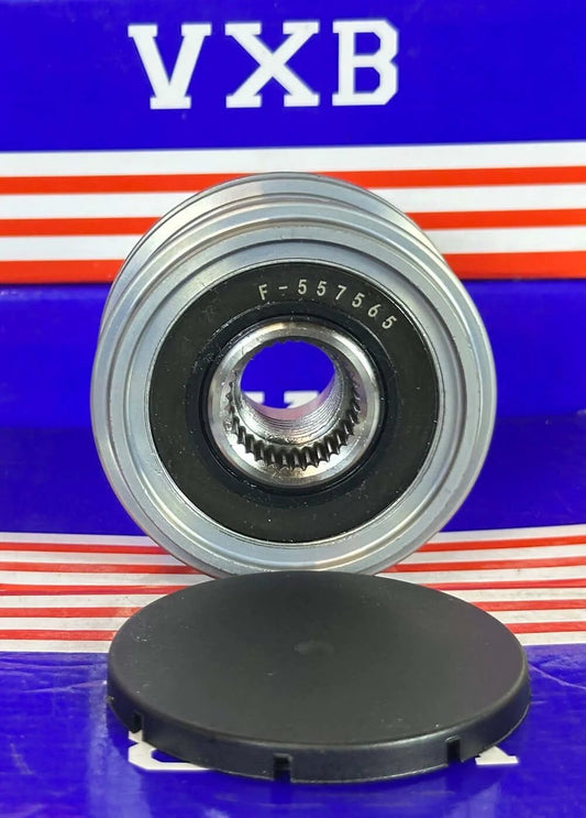 F‑557565 Alternator Freewheel Pulley 5 Groove, 55 mm OD 535016110 front view showing bearing and cover.