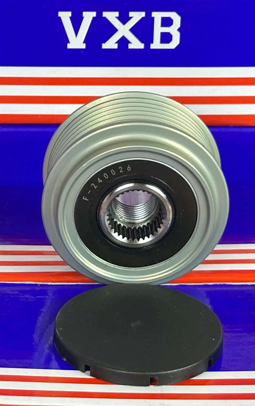 F240026 Auto Alternator Cluch Overrunning Pulley for KIA - Hyundai showing front view with silver body and black center.