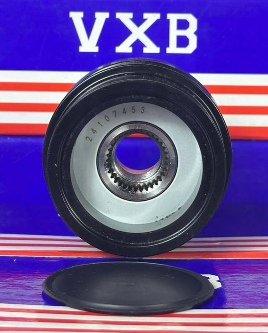 24107453 Alternator Freewheel Pulley w/Clutch showing front view with 17mm inner diameter and 5-groove design.