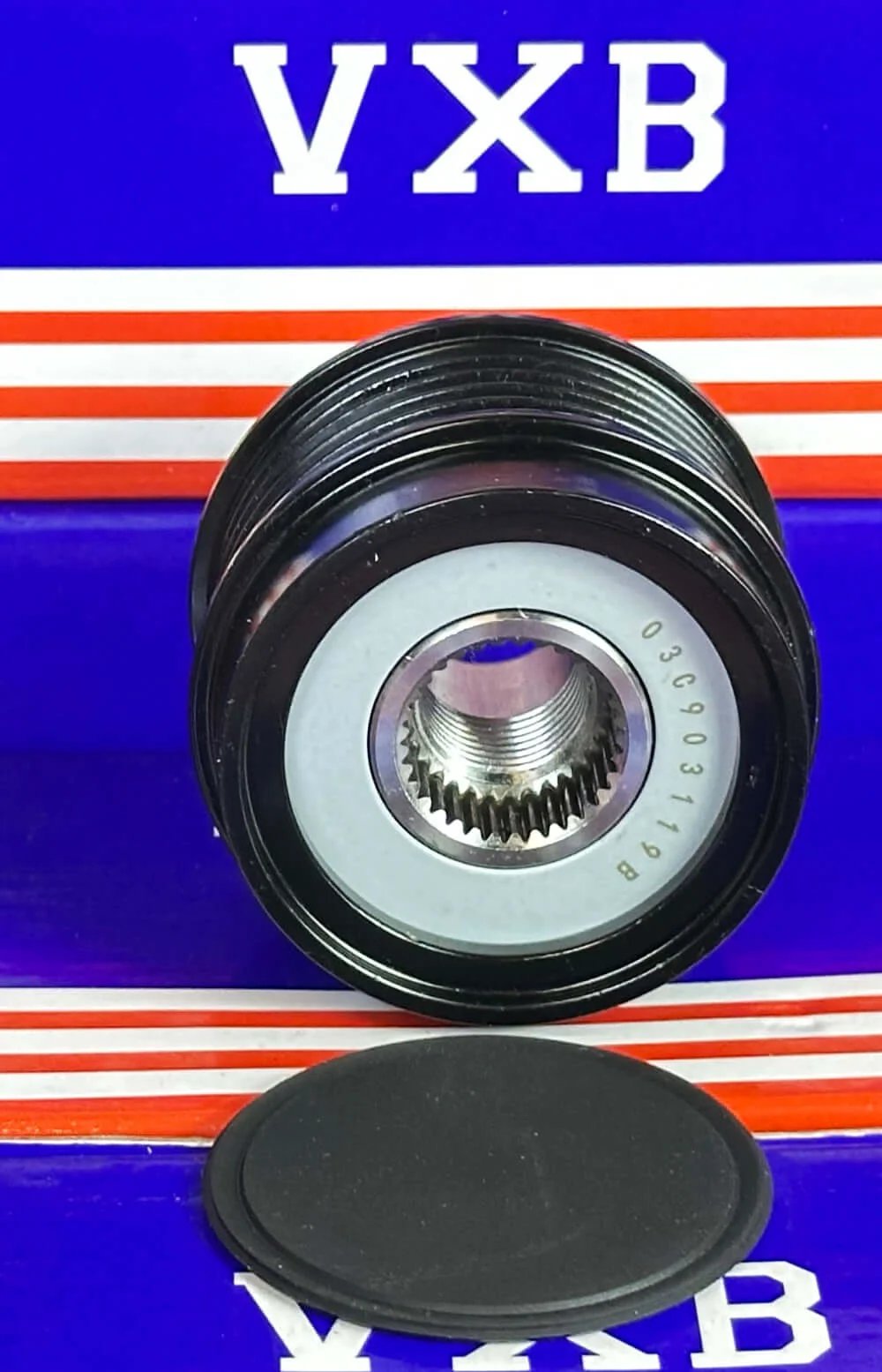 03C903119B Alternator Pulley for Volkswagen, front view showing grooves and central hub with a rubber seal.