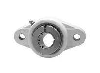 Single 1-1/4 in Accu-Loc white 2-bolt flange cover single-row ball bearing, sealed mount, front view, corrosion resistant.