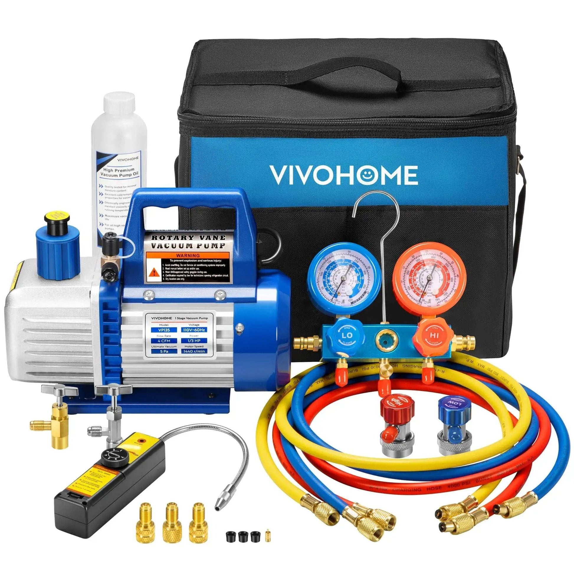 High Performance 4 CFM Single Stage Rotary Vane Vacuum Pump With R134a AC Manifold Gauge Set Leak Detector Carry Bag 110V One Third HP For HVAC And Refrigeration Recharging ETL Listed VIVOHOME