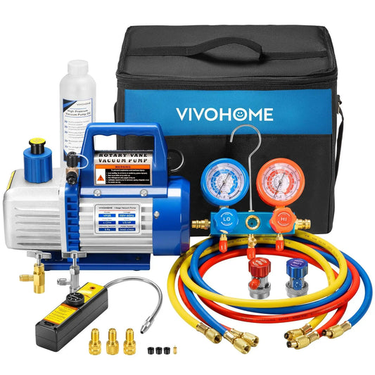 High Performance 4 CFM Single Stage Rotary Vane Vacuum Pump With R134a AC Manifold Gauge Set Leak Detector Carry Bag 110V One Third HP For HVAC And Refrigeration Recharging ETL Listed VIVOHOME