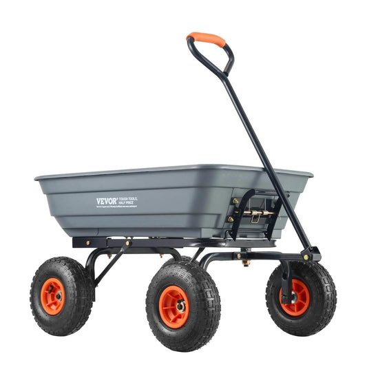4 Cu Ft Poly Garden Cart Dump Wagon with 600 lb Capacity Heavy Duty 4 Wheel Yard Cart with Steel Frame Quick Release Dump System and 10 Inch All Terrain Wheels