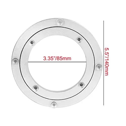 4 Inch Aluminum Alloy Lazy Susan Swivel Bearing showing dimensions for dining tables and cabinets, with heavy duty round base.