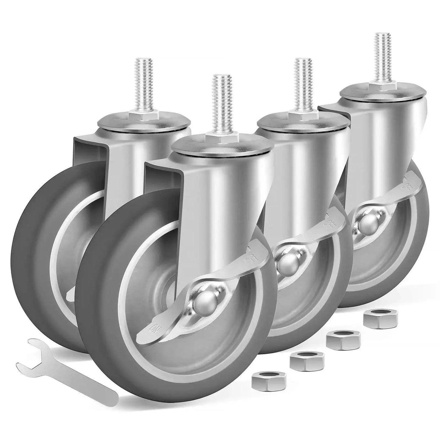 Heavy Duty 4 Inch Caster Wheels With Brakes Set Of 4, 3/8-16 Threaded Stem 1 Inch Long, TPR Soft Quiet Swivel Casters For Carts, Furniture And Shelving