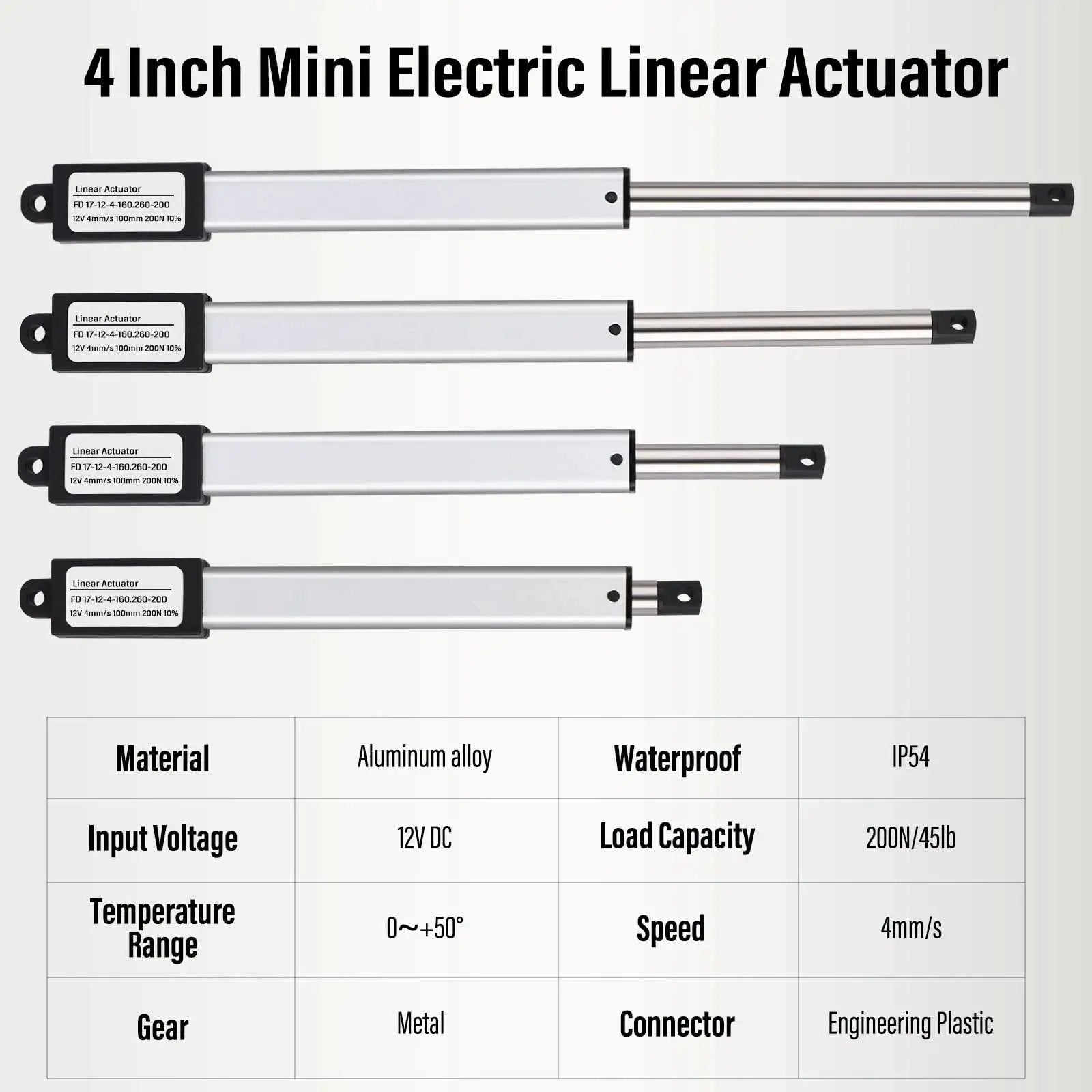 4 inch mini electric linear actuator specs with table showing material, voltage, waterproof rating, load, and speed