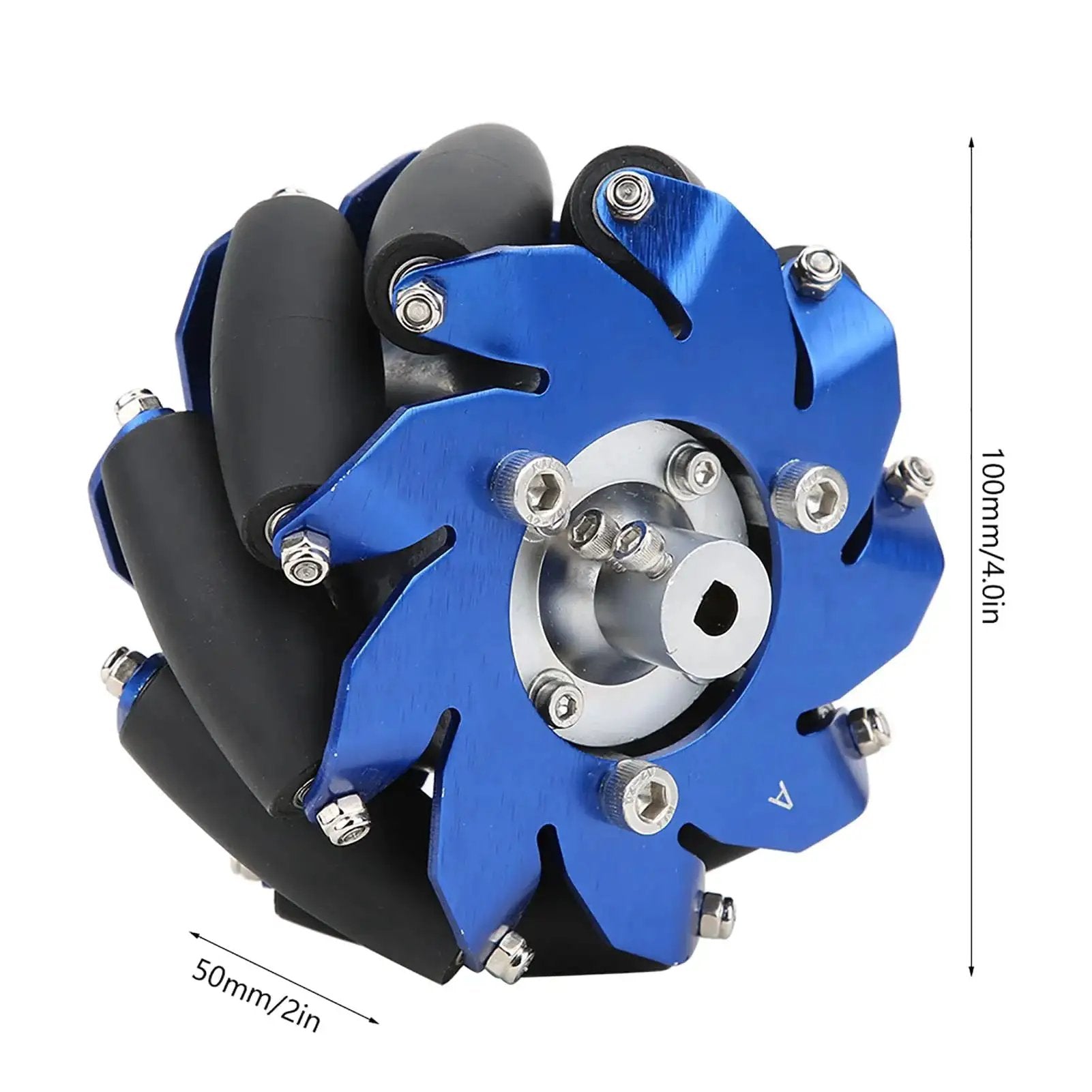 4 Inch Mecanum Wheel Right Aluminum With TPU Rubber Rollers for industrial robots, blue aluminum housing, polyurethane rollers.