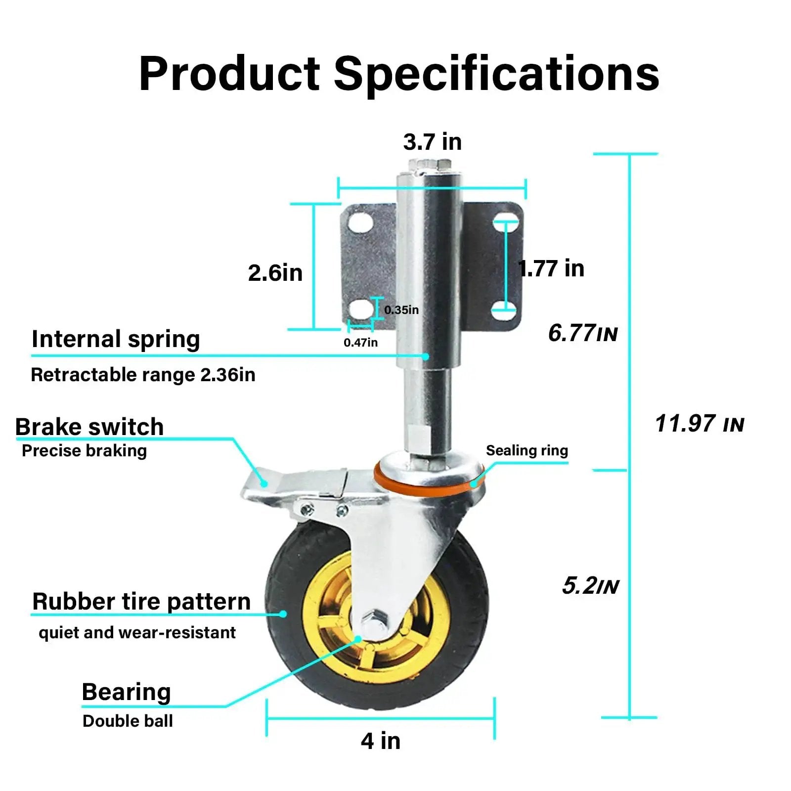 Diagram of 4 Inch Spring Loaded Rubber Gate Wheel With Heavy Duty Swivel Caster And Universal Mount Plate with specifications.