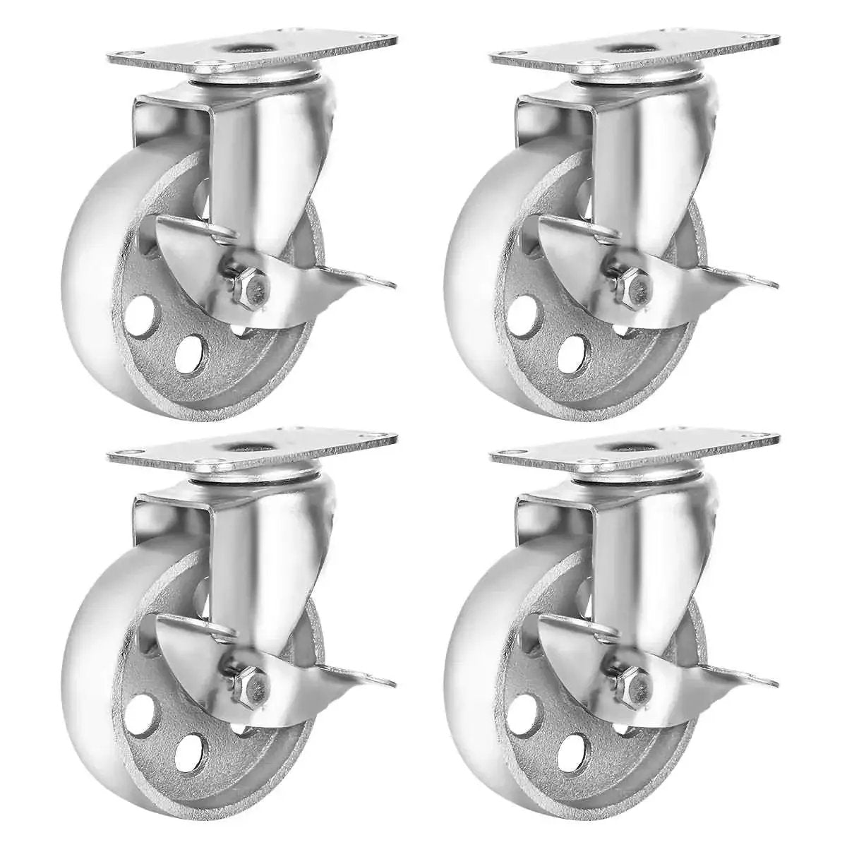 Four All Steel Swivel Plate Caster Wheels With Brake Lock, Heavy Duty 400 Lb Capacity Each, 4 Inch Wheel Diameter, Iron Gray Finish
