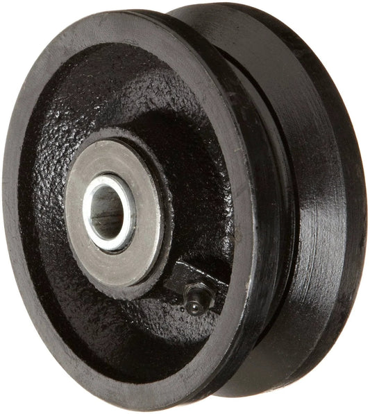 4 Inch Cast Iron V-Groove Wheel With Straight Roller Bearing For Caster Systems, 700 Lb Capacity, 1-1/2 Inch Wheel Width, 1/2 Inch Axle Diameter, 1-7/8 Inch Hub Length, Black Finish, V-Groove 7/8 Inch Wide, 7/16 Inch Deep, Temperature Range -50F To 800F