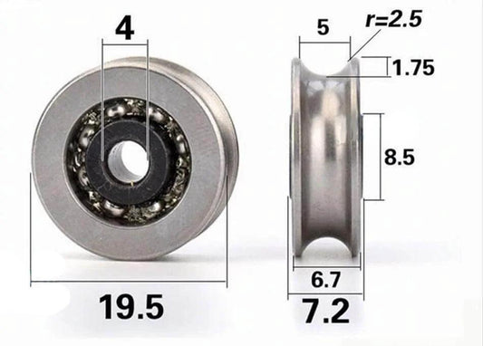 4mm Bore Bearing - 19.5mm steel Pulley U-Groove Track Roller 4x19.5x6.7mm
