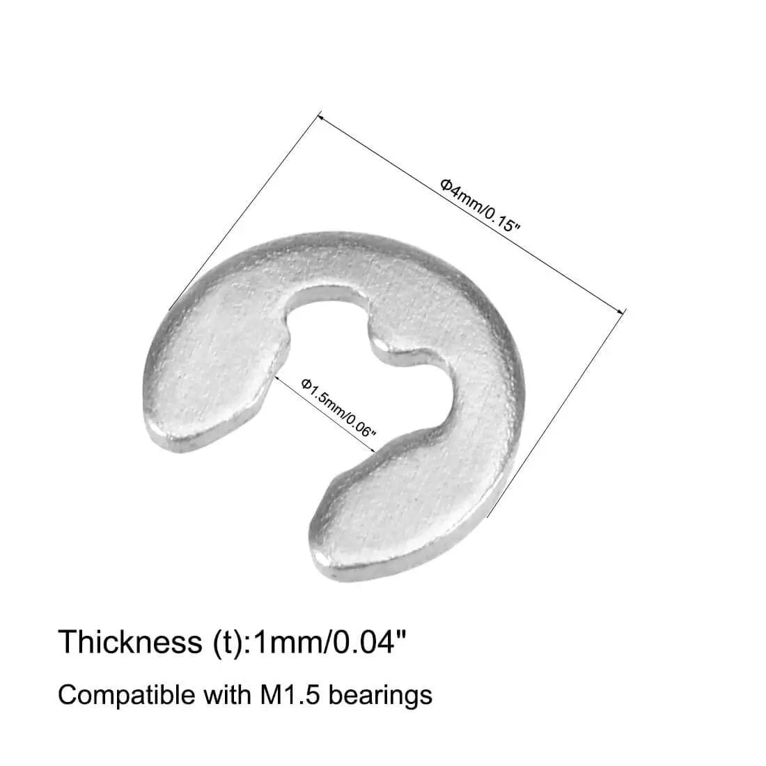 4mm External Circlips C Clip Retaining Rings for Shafts in 304 Stainless Steel with Inner Diameter One Point Five Millimeters and Thickness One Millimeter Opening Width One Point Two Millimeters Heavy Duty Snap Ring Pack of 100 Pieces Uxcell in close-up view showing dimensions.