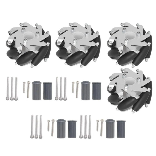 4 Pcs Mecanum Wheel 60mm Omni Directional Wheel Aluminum DIY Smart RC Robot components with rubber rollers and bolts for heavy-duty load.