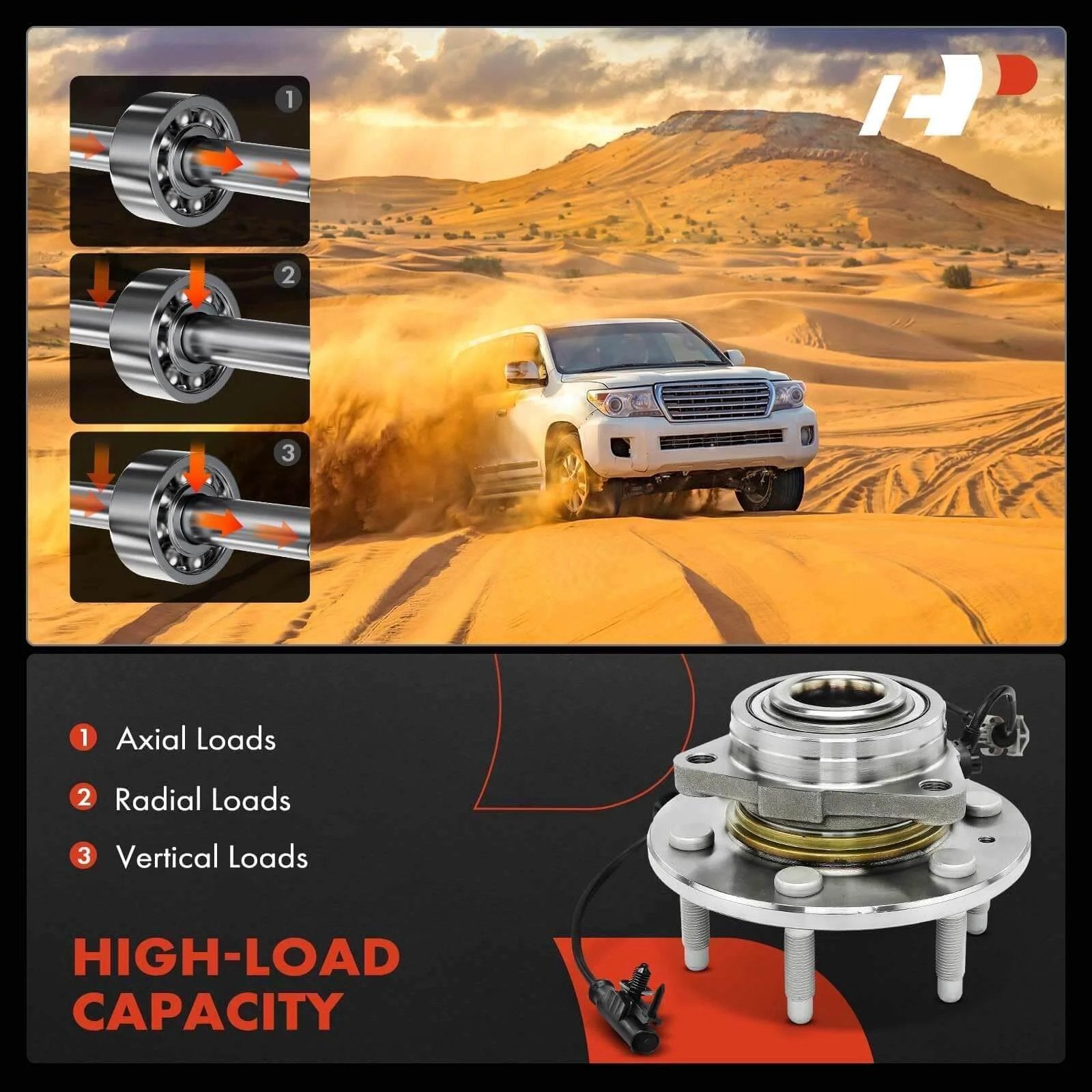 2 Pack Front Wheel Bearing Hub Assembly for 4WD Chevy Silverado with ABS, shown in high-load capacity diagram and desert setting