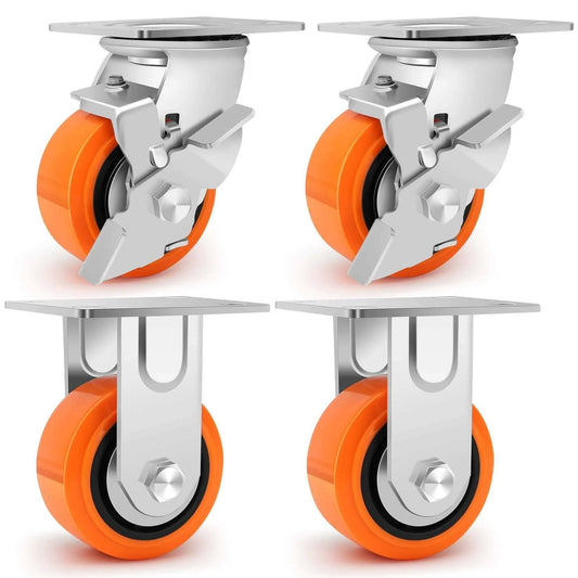 4 x 2 inch heavy duty industrial caster set of 4 with polyurethane wheels, including 2 casters with brakes and 2 rigid casters