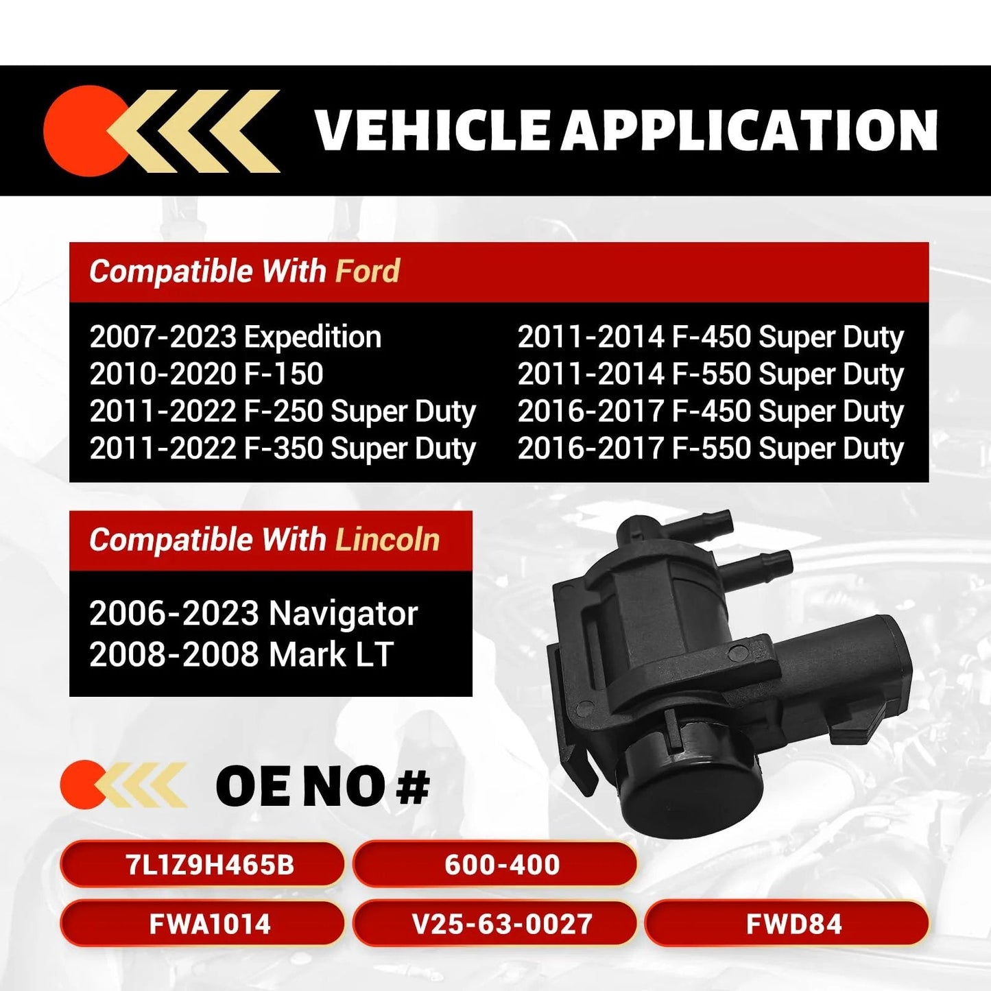 Vehicle application chart for 4x4 Vacuum Solenoid Locking Hub Actuator Replacement For Ford F-150 F-250 F-550 Super Duty Expedition And Lincoln Navigator 2007 To 2024