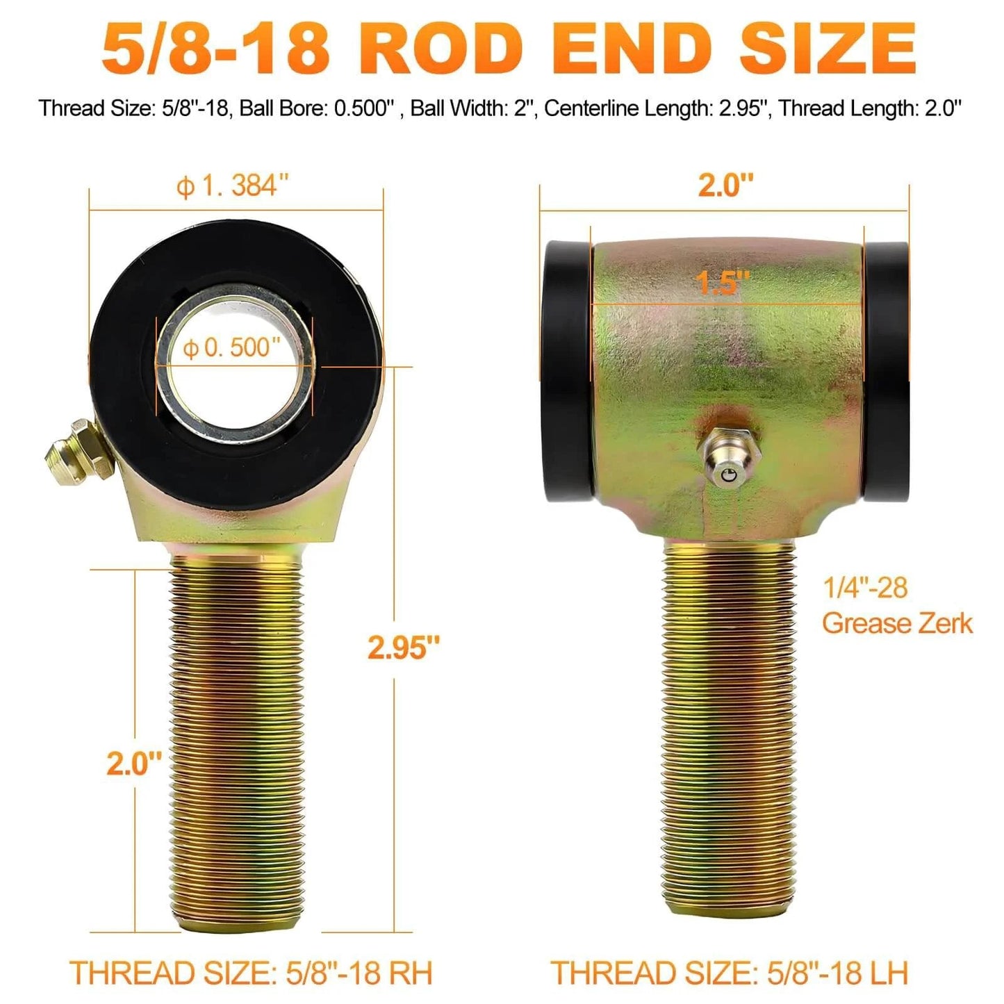 5/8-18 Heim Joint Rod End Kit, showing rod end size dimensions with chromoly rod ends, zinc plated carbon steel, with detailed measurements.
