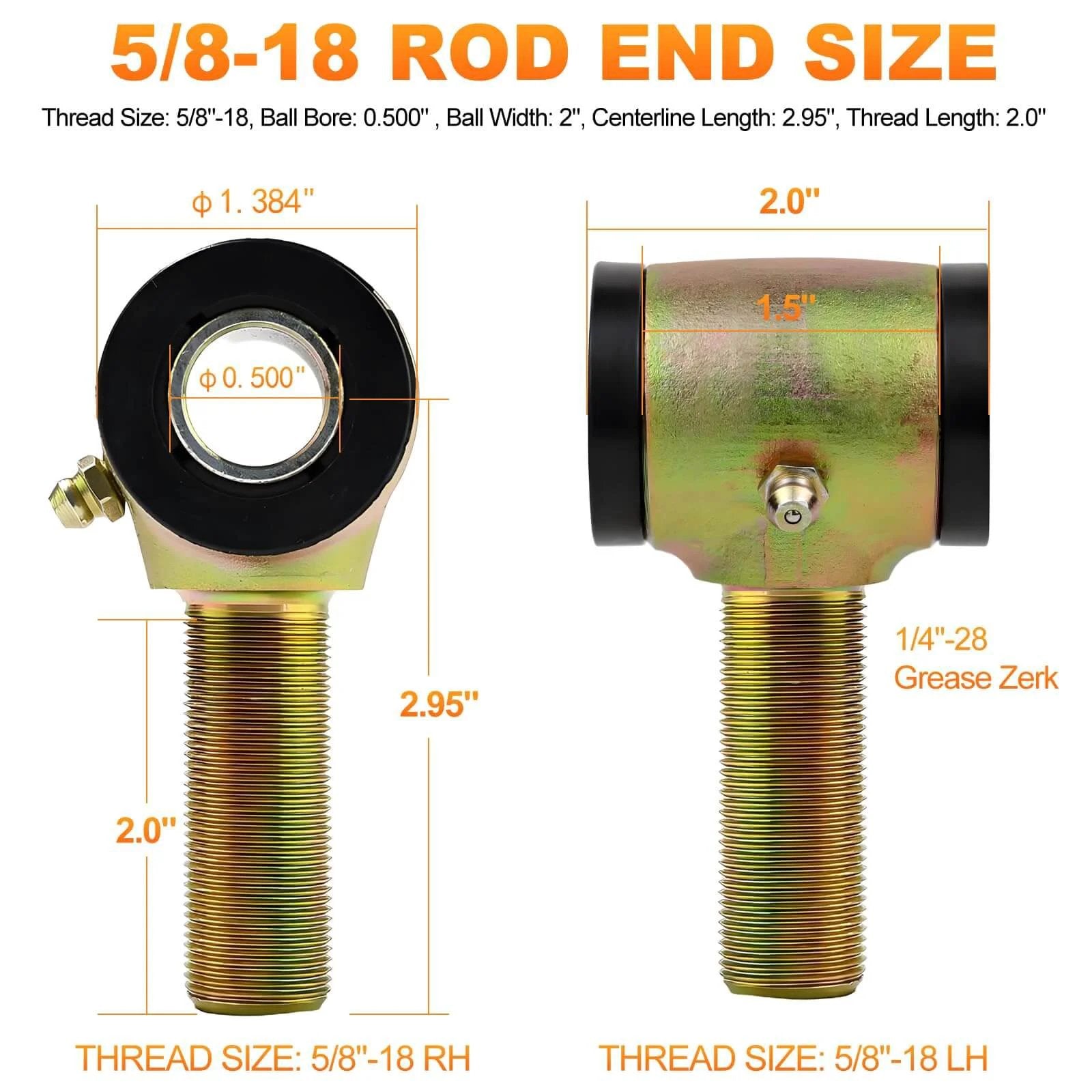 5/8-18 Heim Joint Rod End Kit, showing rod end size dimensions with chromoly rod ends, zinc plated carbon steel, with detailed measurements.