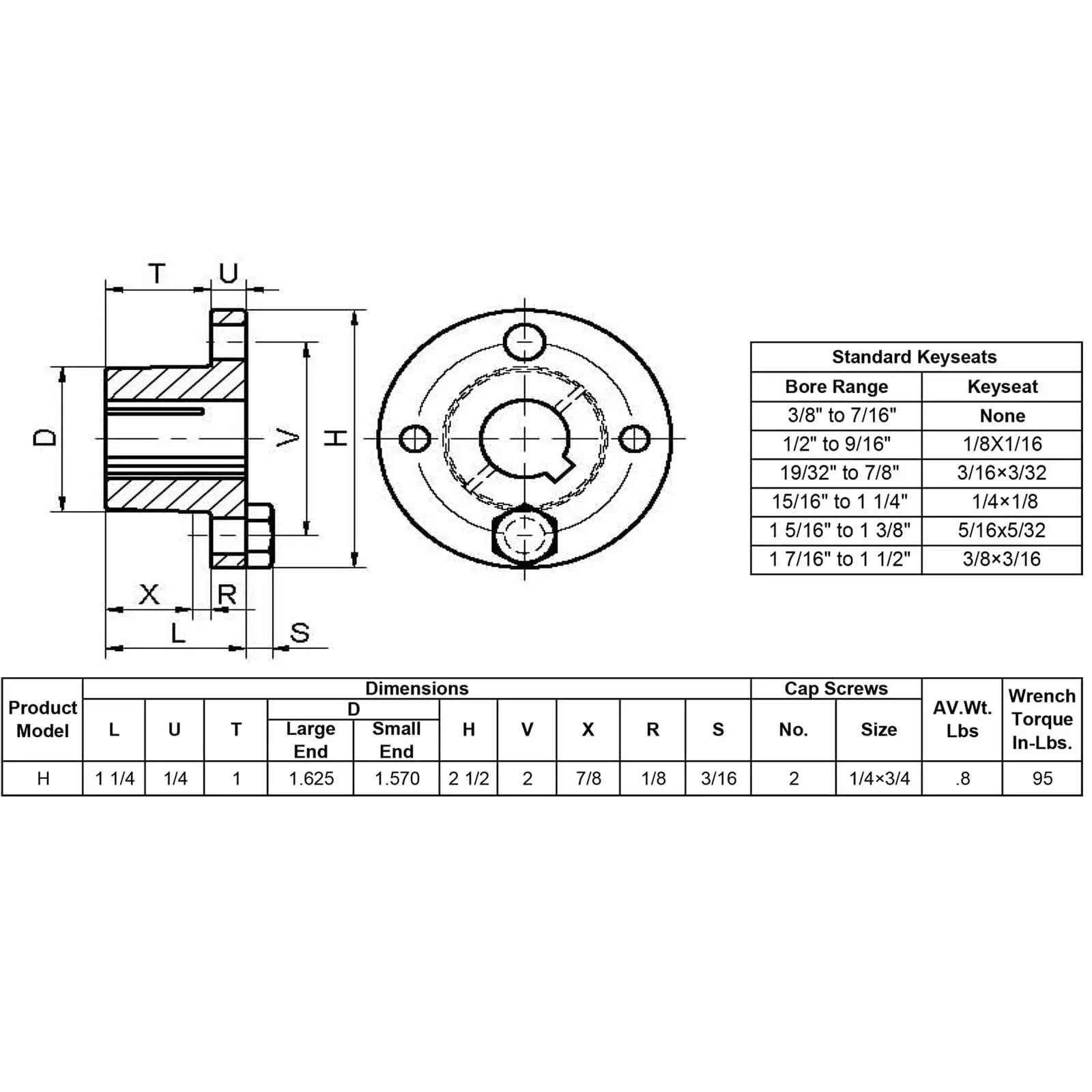 Technical diagram of Heavy Duty H Style 5/8 Inch Split Taper Bushing For Pulleys And Sheaves with dimensions and keyseat specifications.