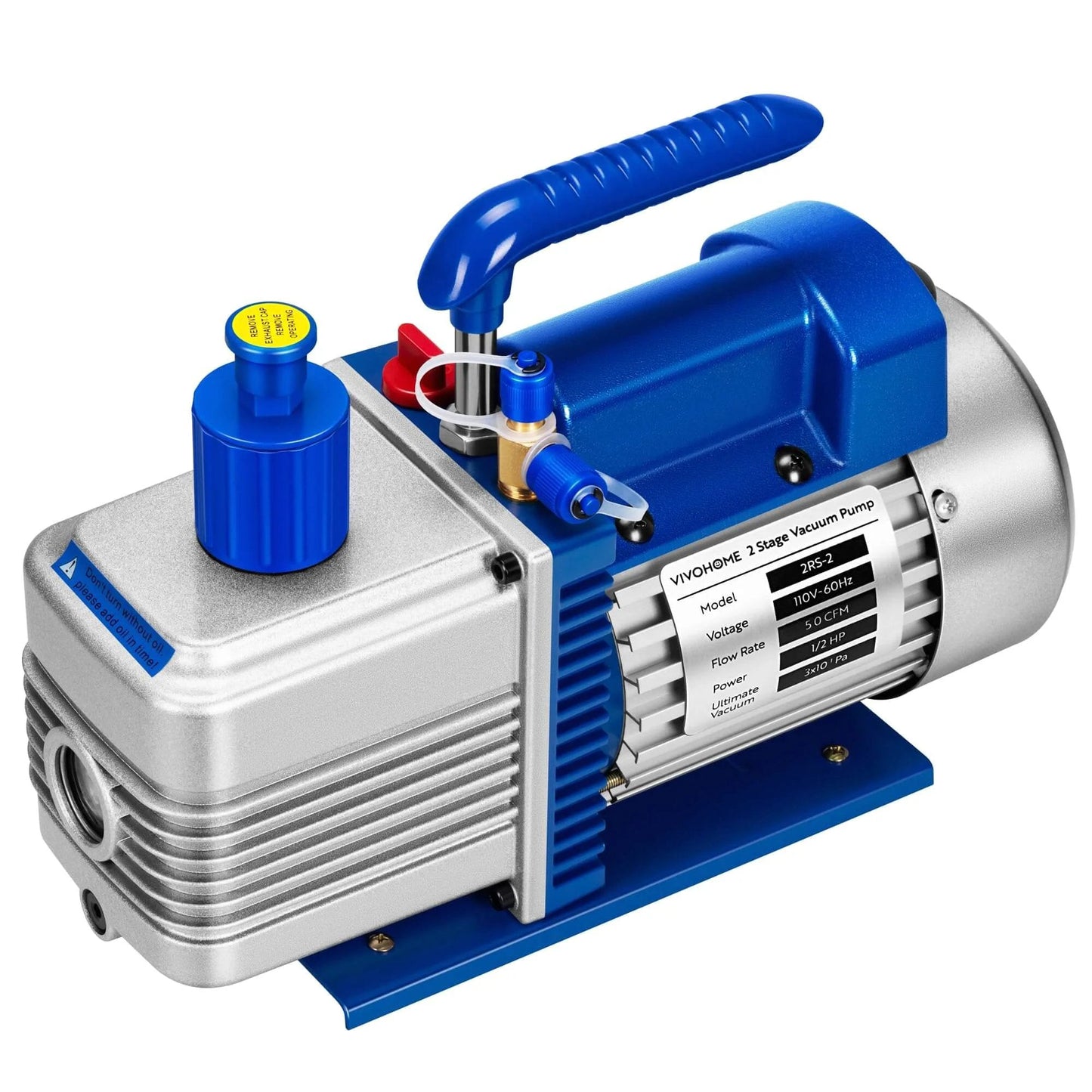 VIVOHOME 5 CFM 1/2 HP 2 Stage HVAC Vacuum Pump for R134a R12 R22 R502 R410a Systems, blue and silver design with oil bottle