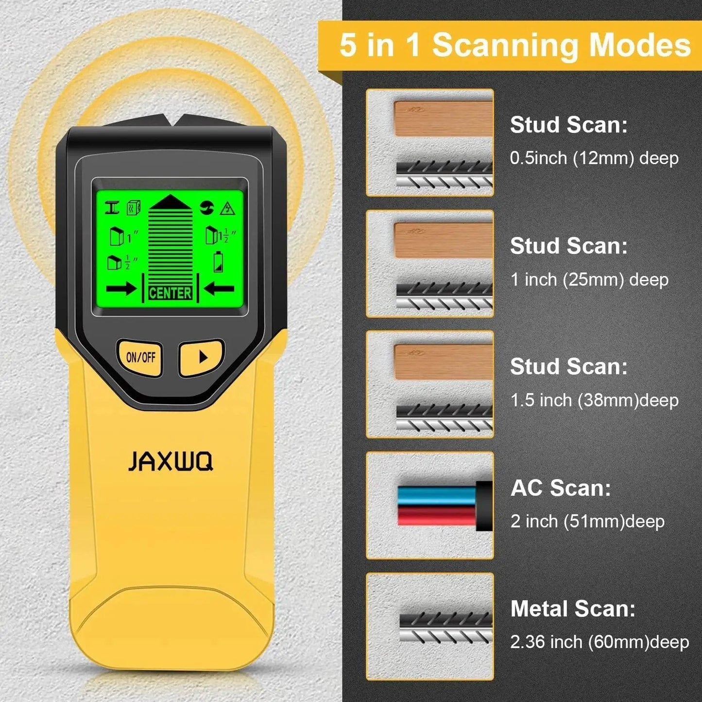 Discover safe, precise mounting with this 5 in 1 Stud Finder Wall Scanner featuring HD LCD display and scanning modes diagram.