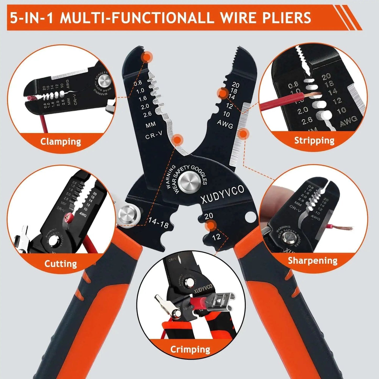 Five In One Wire Stripper Tool For 10 To 20 AWG Electrical Wire, Seven Inch Multifunctional Electrician Cable Stripper