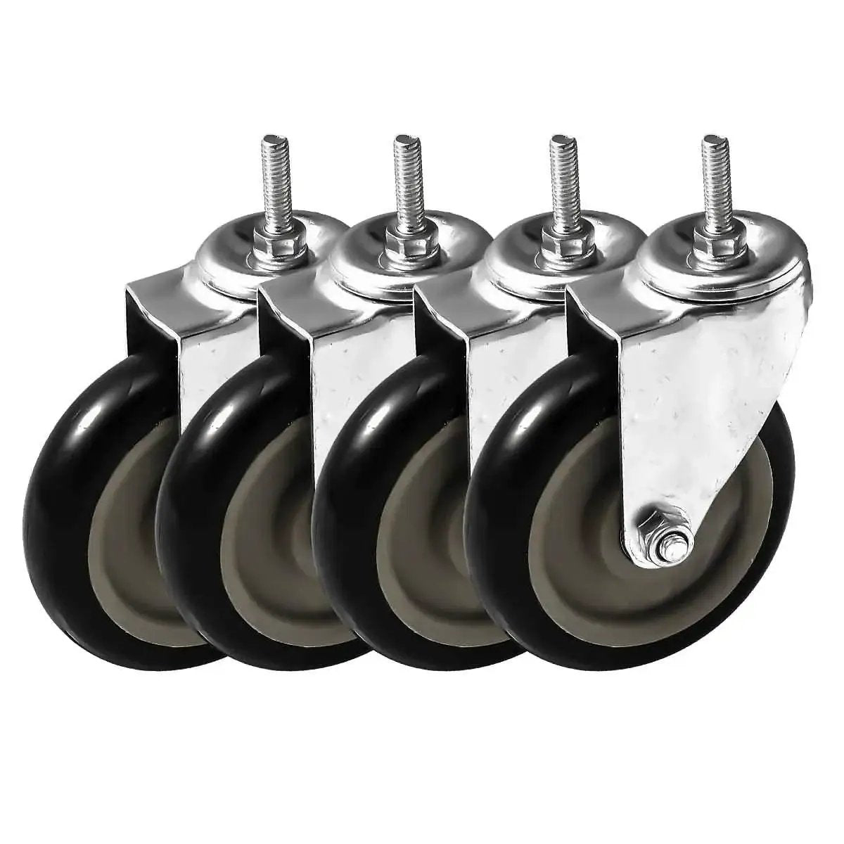 5 Inch Black Caster Wheel No Brake With Three Eighths To One Point Two Inch Threaded Stem Mount Industrial Grade Polyurethane Wheel Pack of Four.