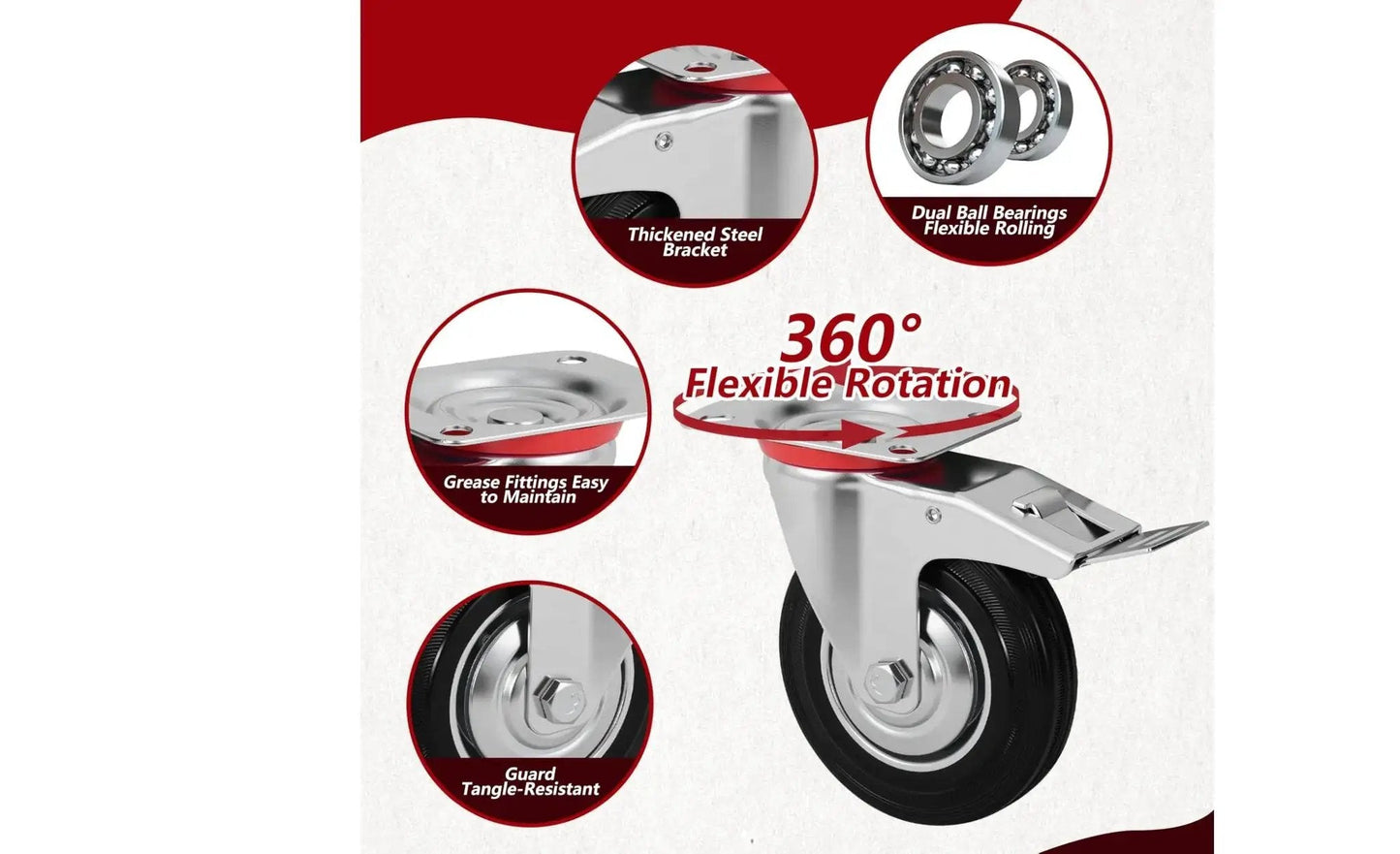 5 Inch Heavy Duty Caster Wheels Set Of 4 With Brakes 360 Degree Swivel Non Marking Polyurethane Rubber Casters details